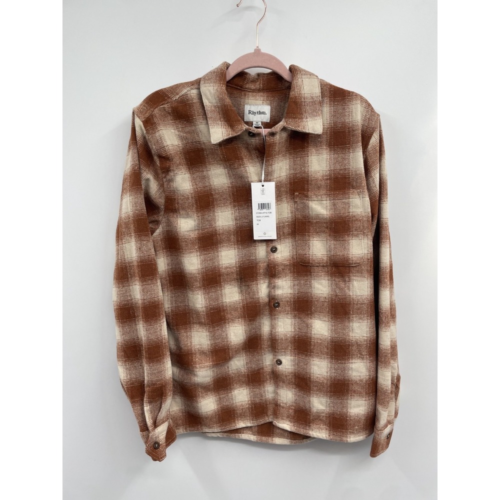 Rhythm Bison Shirt Men's M Beige Brown Plaid Flannel Wool Blend Long Sleeve NWT